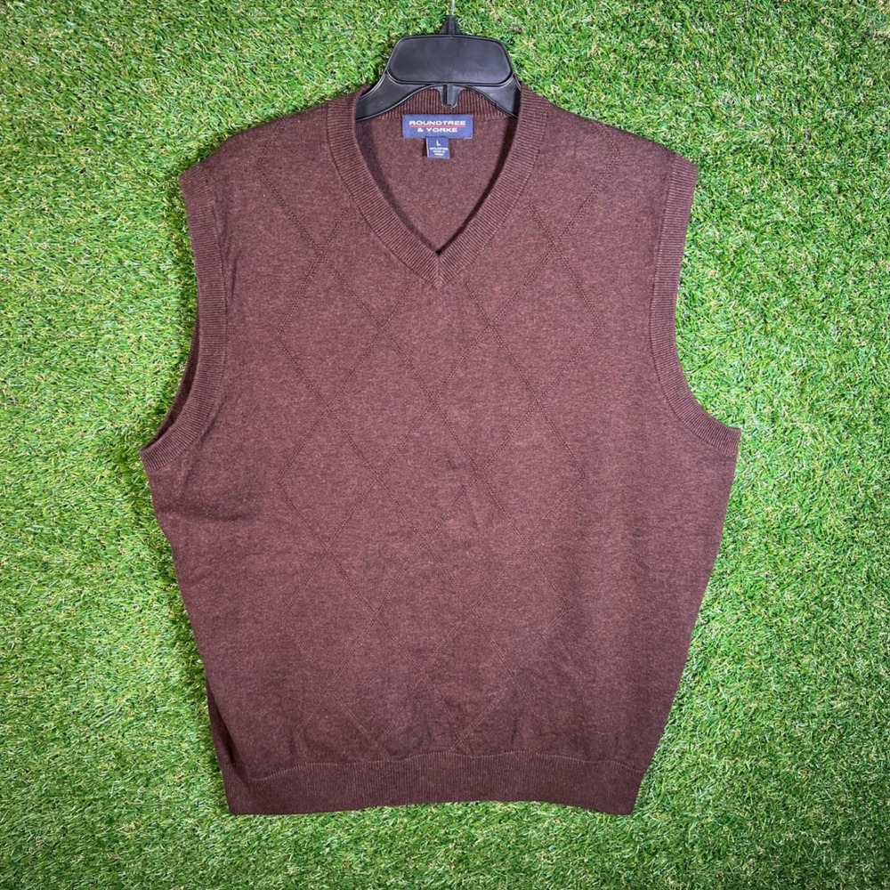 Roundtree & Yorke Mens Brown Cotton V-Neck Diamond Argyle Sweater Vest Large